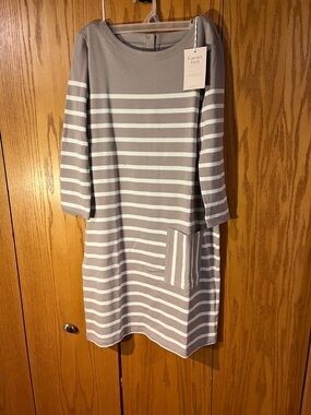 Garnet Hill Gray and White Horizontal Stripe Knit Shift Dress
